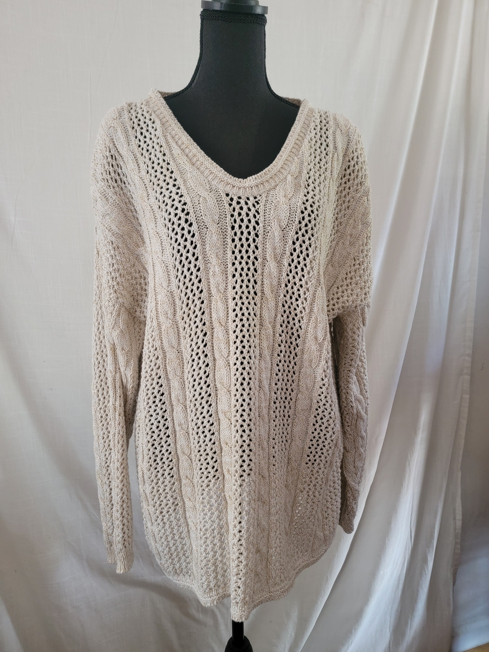 Vintage Lightweight Cream Cable & Open-Knit Scoop Sweater